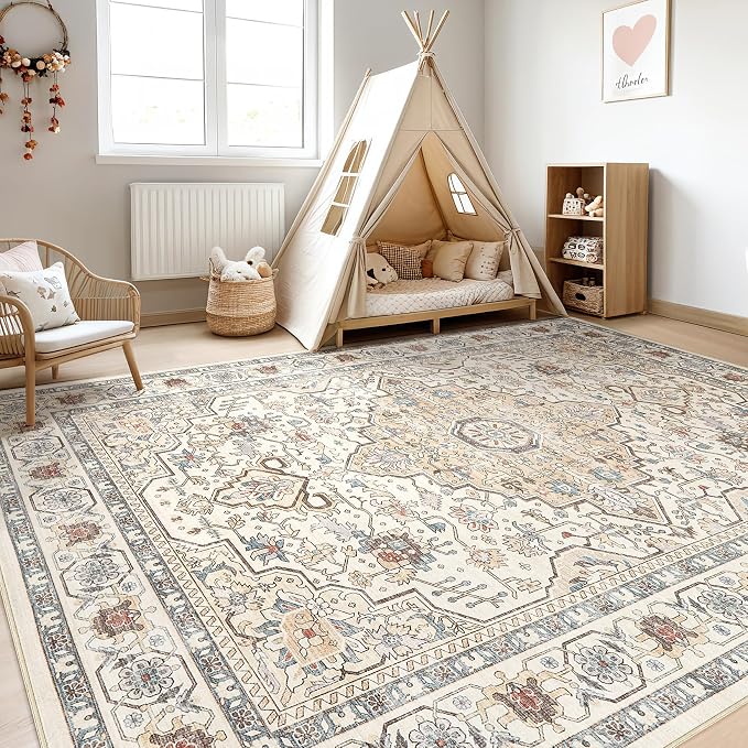 10x12 Area Rug Living Room: Washable Boho Large Neutral Vintage Soft Rugs Stain - Image 5