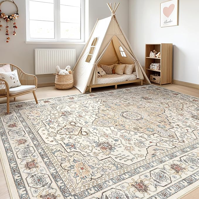 5x8Ft Area Rug Living Room: Washable Boho Large Neutral Vintage Soft Rugs Stain - Image 5
