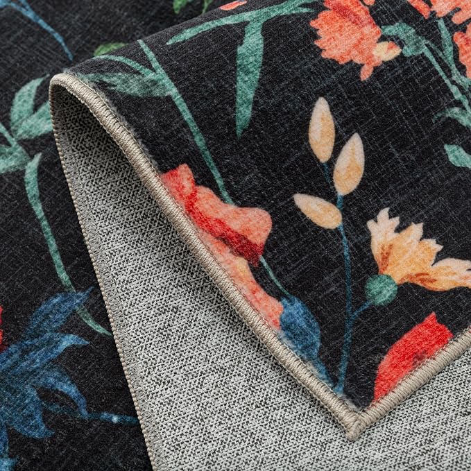 Black Area Rug 4x6 Office Floral Indoor Door Mat Washable Boho Kitchen Living - Image 9