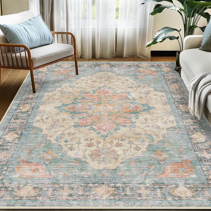 Area Rugs 6'x9' Washable Non-Slip, Floral Vintage Distress Print Pattern by RELEANY