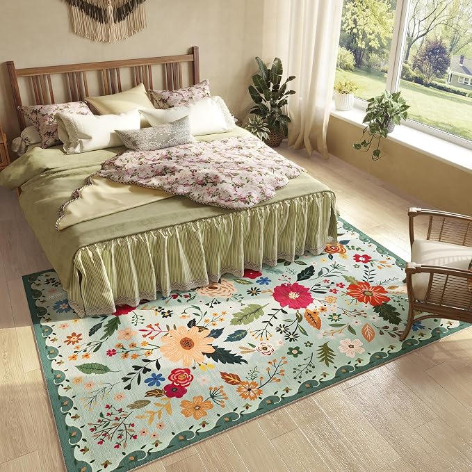 5x7 Washable Rug for Living Room, Non Slip Low Pile Soft Flower Carpet - Image 3