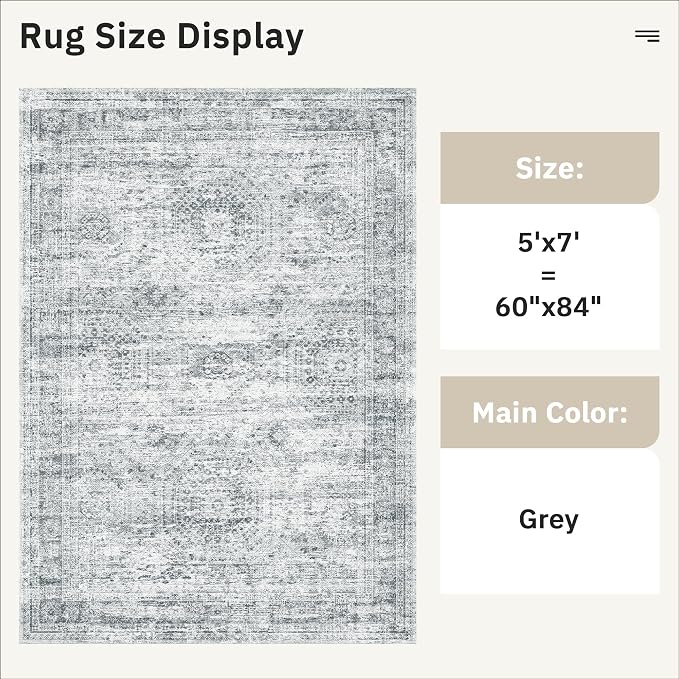 5x7 Area Rugs Gray Low Pile Indoor Washable Trendy Faded Style Rugs - Image 5