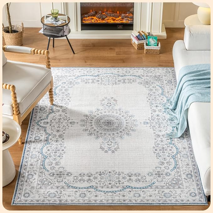 Istana 4x6 Rug - White Cream & Blue Area Rugs 4x6 - Kid & Pet Friendly Machine by Istana