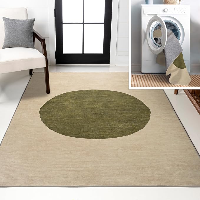 JONATHAN Y Machine Washable Cream/Green Indoor Area Rug 3X5 ft, Cirkel by JONATHANY