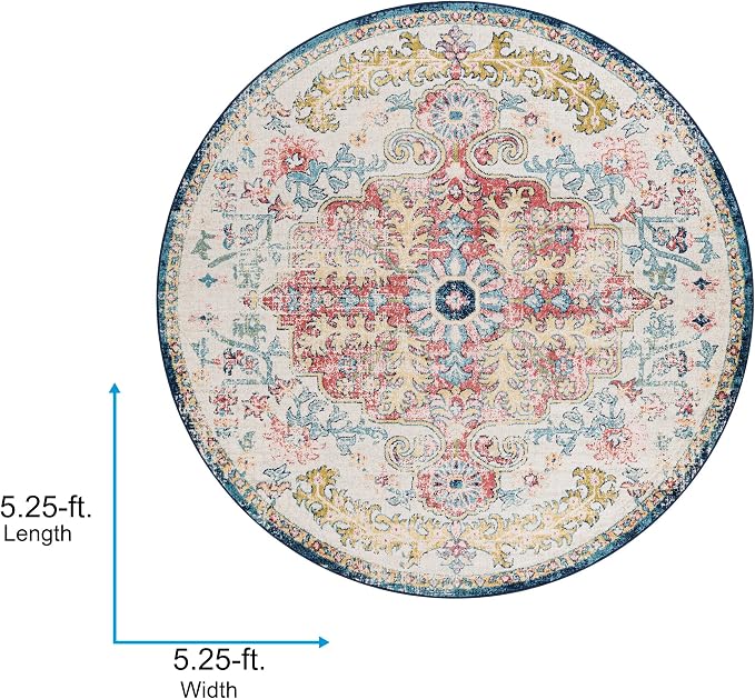 Livabliss Area Rugs - 5ft Round Odelia Vintage Boho Aqua Burgandy Blue Round - Image 2