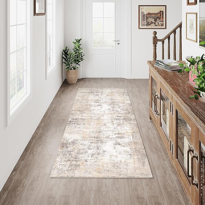 2x4 Washable Runner Rug Beige Grey Abstract Hallway Kitchen Throw Rug Neutral by WondRg