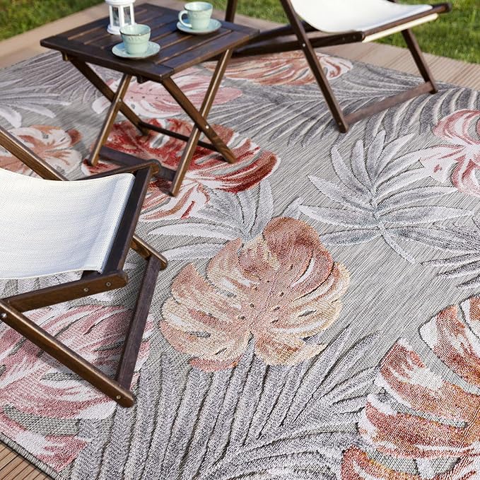 CAMILSON Indoor Outdoor Rug, Mult 9’x12’ Leaf Tropical Botanical Area Rugs - Image 8