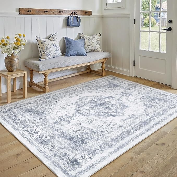 Washable Rug 6x9 Area Rug for Living Room Blue Vintage Boho Medallion Large - Image 6