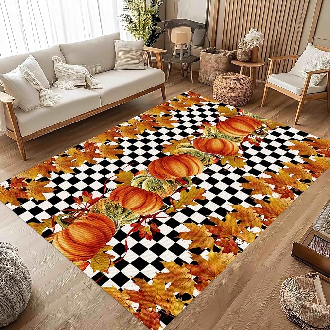 Pumpkin Area Rugs, Fallen Leaves Autumn Harvest Pumpkins Black and White - Image 3