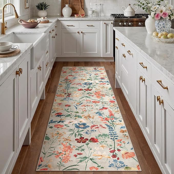 Floral Runner Rug 3x8 Washable Hallway Long Beige Bedroom Carpet Non Slip by PureCozy