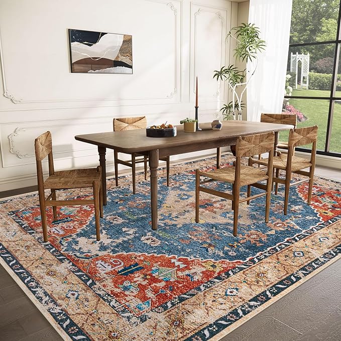 Area Rug 9x12 Washable Rug, Vintage Boho Medallion Rugs Non-Slip Soft Low Pile - Image 3