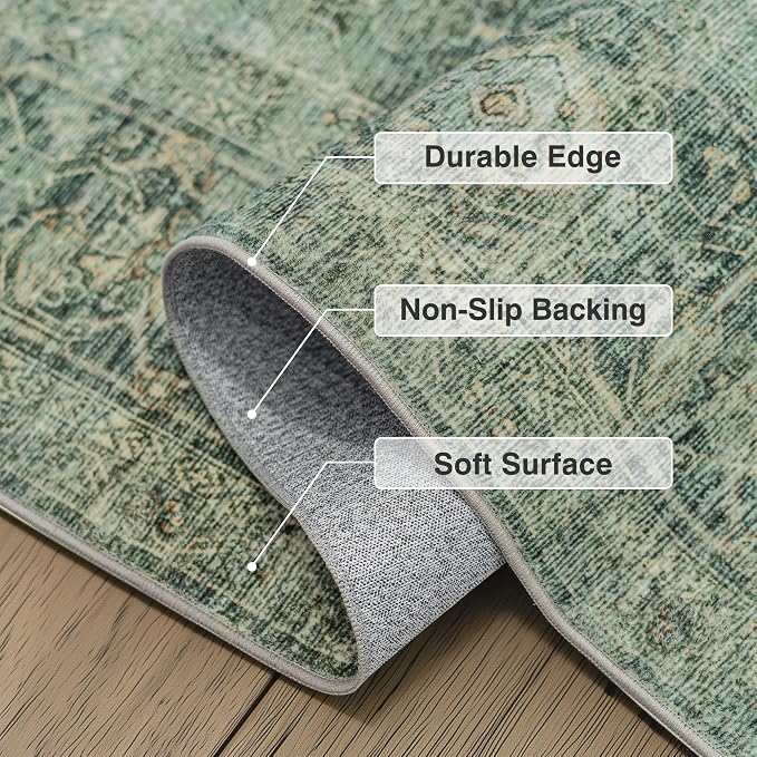 FMFUNCTEX 4x6 Washable Area Rug Green Neutral Vintage Distressed Oriental Non - Image 5