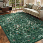 Green Boho Living Room 5x7 Area Rug, Floral Washable Vintage Distressed Rug by Lunasun