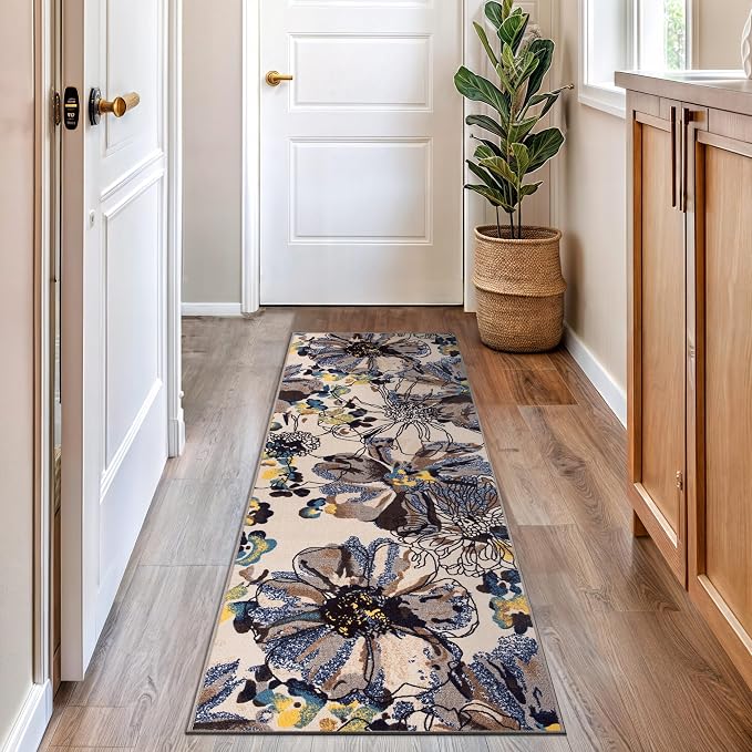 Rugshop Cream Bright Flowers Non Slip Non-Shedding Runner Rug by Rugshop