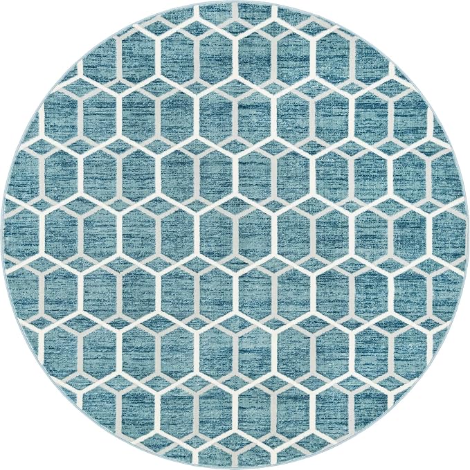 Rugs.com Lattice Trellis Collection Rug – 8 Ft Round Blue Low-Pile Rug Perfect - Image 3
