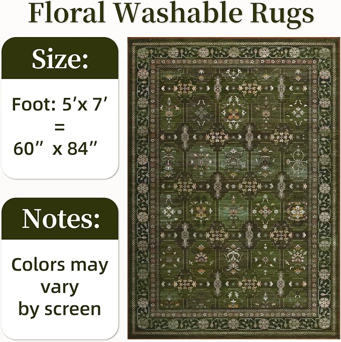 5x7 Washable Area Rug for Living Room Dining Room, Distressed Non Slip Vintage - Image 2