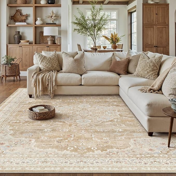 HUGEAR Machine Washable Area Rugs 5x7 Vintage Beige Brown Living Room Bedroom - Image 3