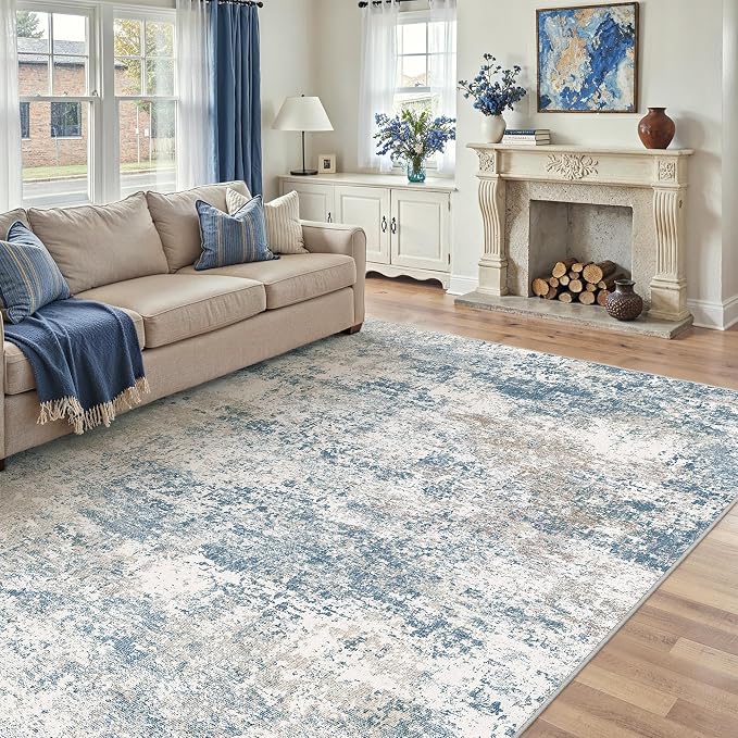 Blue 8x10 Area Rug Washable Modern Abstract Living Room Carpet Non Slip Neutral - Image 5