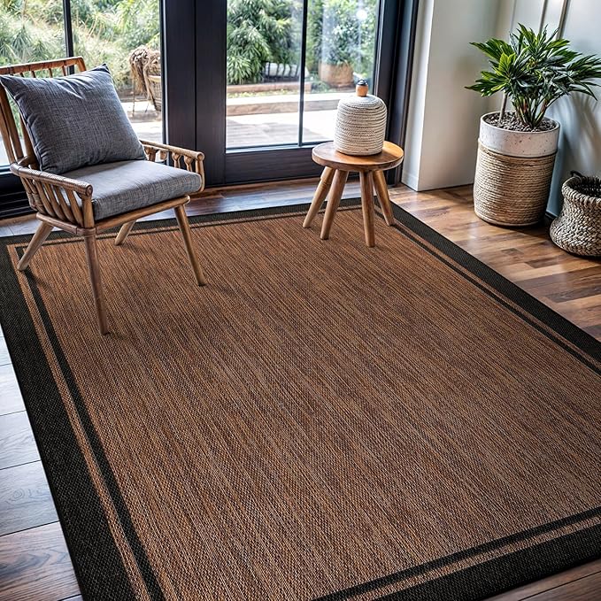 CAMILSON Indoor Outdoor Rug, 6x9 Bordered Nut Brown Black Modern Area Rugs - Image 6