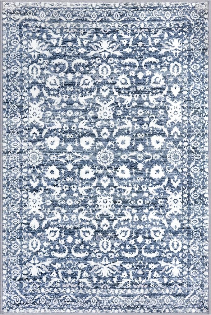 Vintage Floral 5x7 Rug, Light Blue White Washable Area Rug - Image 9