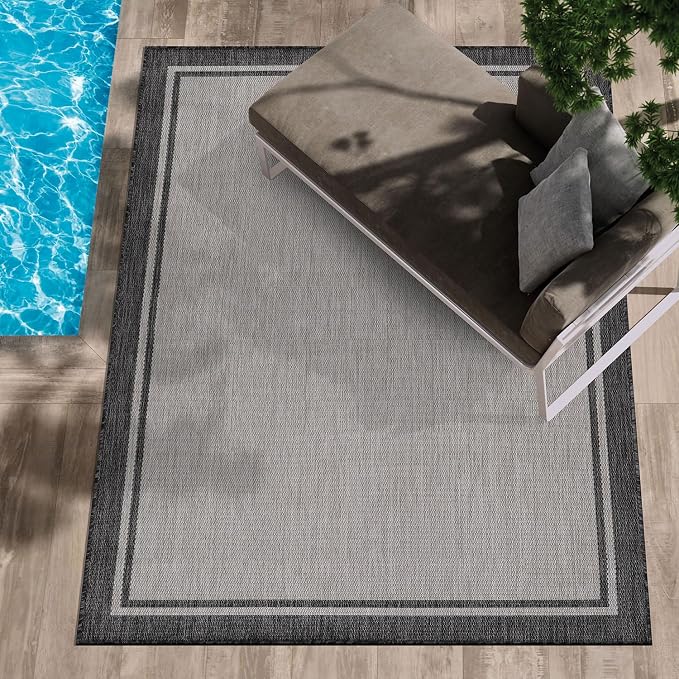 CAMILSON Indoor Outdoor Rug, 6x9 Bordered Gray Modern Area Rugs - Image 6