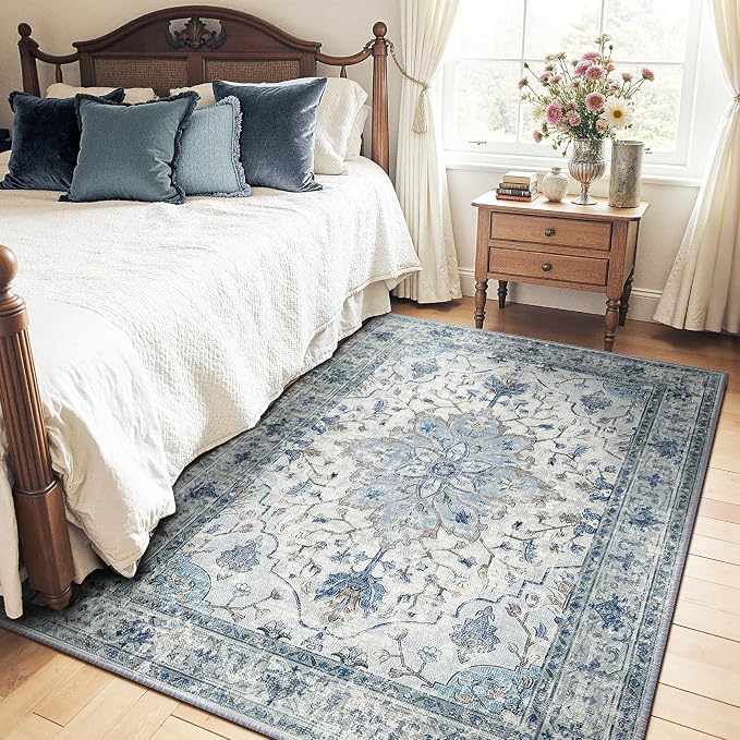 Area Rugs 5'x7' Washable Non-Slip, Floral Vintage Distress Print Pattern - Image 2