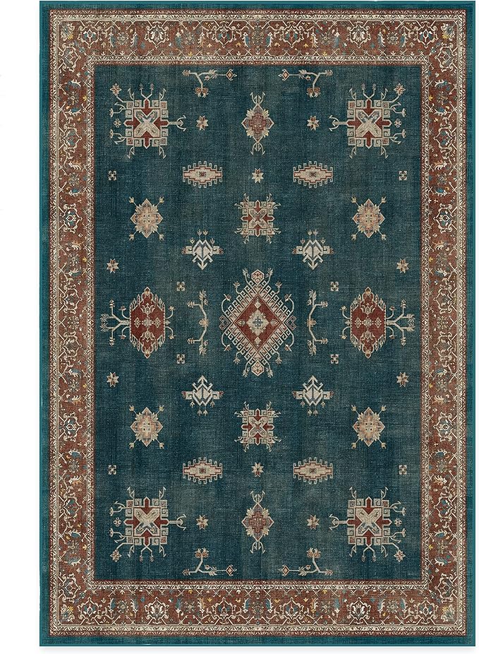 RUGGABLE Washable Vintage Area Rug – Verena Teal Blue 6x9, Stain-Resistant by RUGGABLE
