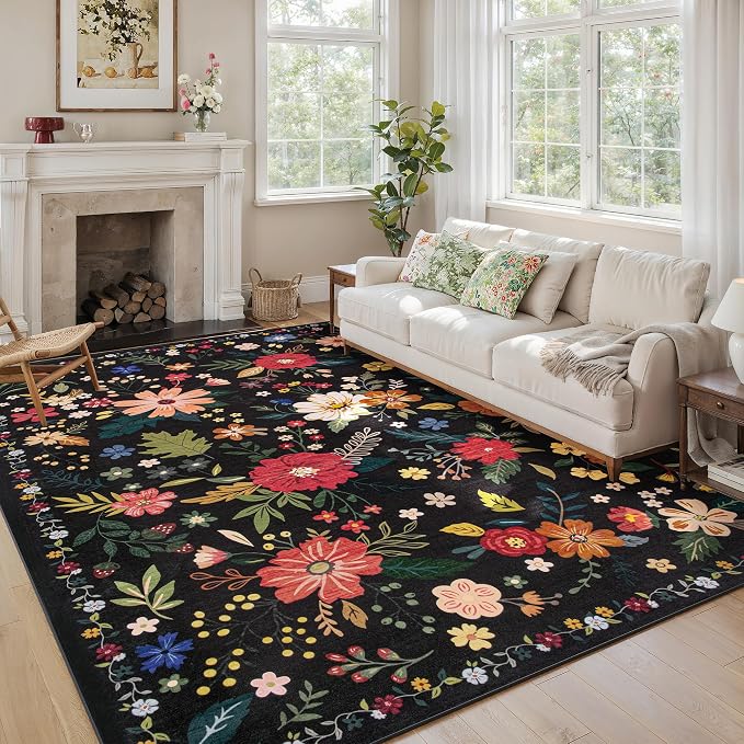 Living Room Rug 8x10 Rug Machine Washable Boho Area Rug Non Slip Floral Vintage by ARKIIKI