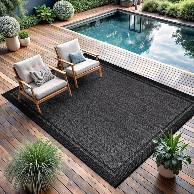CAMILSON Indoor Outdoor Rug, 6x9 Bordered Dark Grey Black Modern Area Rugs - Image 7