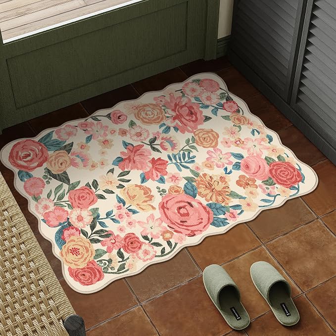 Washable Floral Area Rug 2x3 Beige Small Entryway Carpet Scalloped Flower Non - Image 4