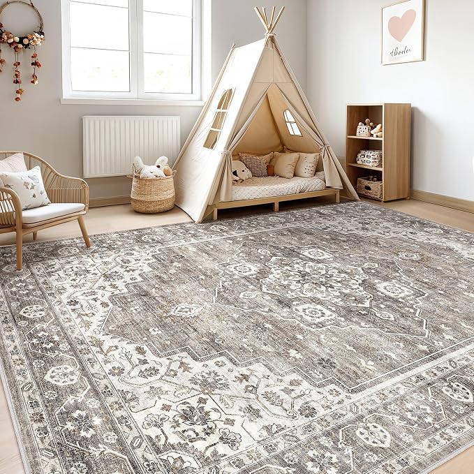 8x10 Area Rugs Living Room: Washable Boho Large Neutral Vintage Soft Rug Stain - Image 5