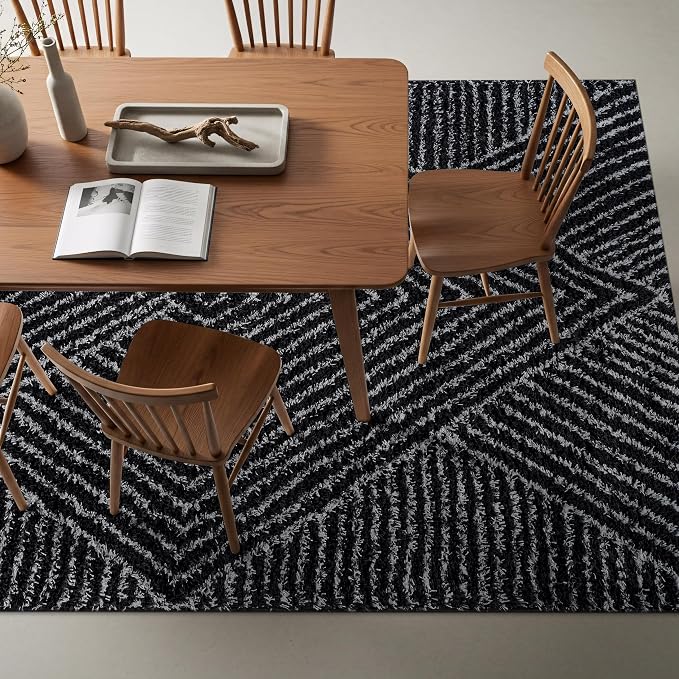 Rugshop Geometric Diamond Stripe Shag Area Rug Anthracite Dark Gray 5' x 7' - Image 9