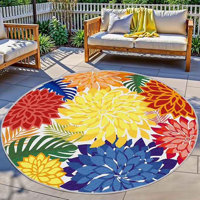 Colorful 6FT Outdoor Round Area Rug Washable Rugs Multicolored Patio Rug by ArenaRug