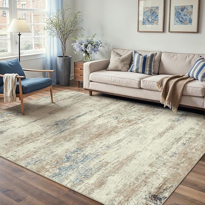 5x7 Area Rug Washable Beige Brown Abstract Living Room Carpet Non Slip Modern by PureCozy