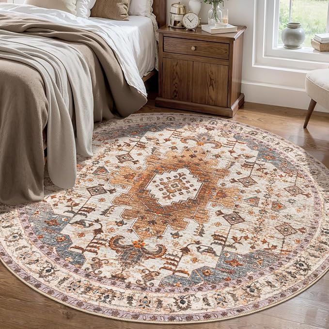 Tangsoo Vintage Round Rug 5ft Washable Circle Rug, Non Slip Boho Round Area Rug by Tangsoo