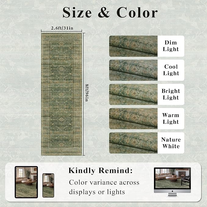 2.6x8 Runner Rug for Hallways Vintage Distressed Non Slip Long Carpet Floral - Image 5
