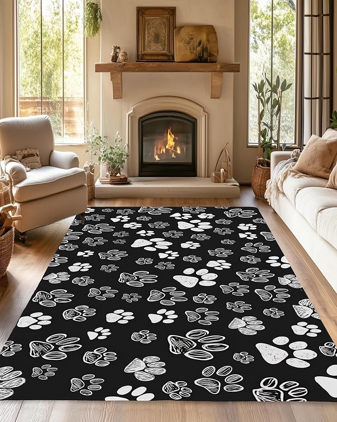 Cat Paws Black Area Rug for Living Room, Non-Slip Backing Low Pile Modern by Gearsly