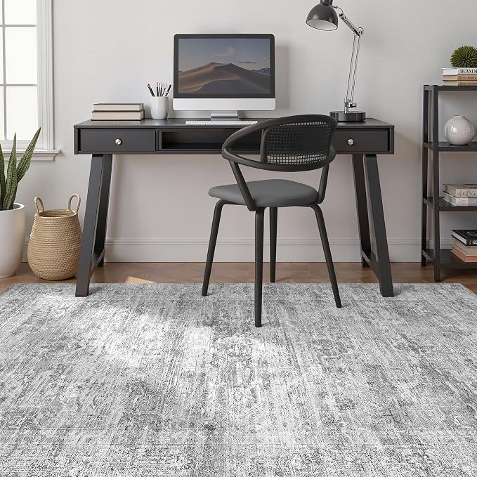 Grey Rug 8x10 Area Rugs: Washable Boho Large Vintage Neutral Soft Rug Stain - Image 7