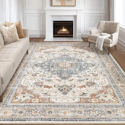 10x12 Area Rug Living Room: Washable Boho Large Neutral Vintage Soft Rugs Stain by LOONGRUG