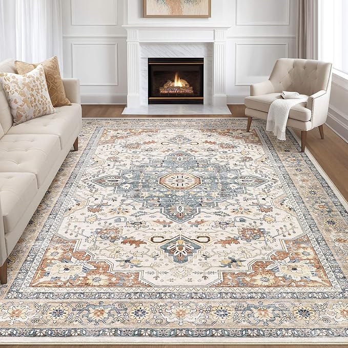 7x10 Area Rug Living Room: Washable Boho Large Neutral Vintage Soft Rug Stain by LOONGRUG