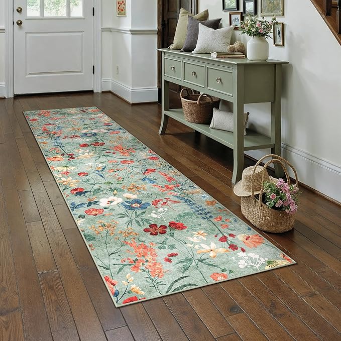 Floral Runner Rug 2x8 Washable Hallway Long Green Bedroom Carpet Non Slip - Image 5