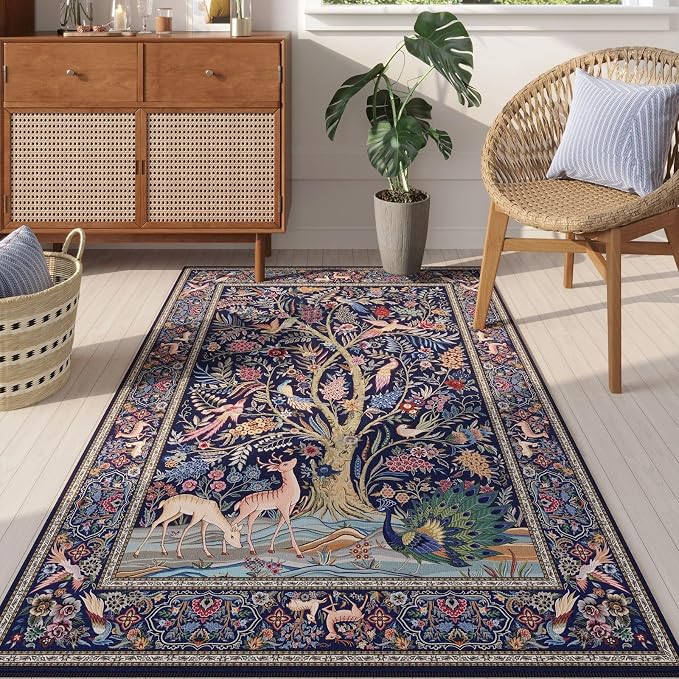 Rugcomf Area Rugs 4x6 Vibrant Tree of Life-Patterned Vintage Washable Rugs Non - Image 4