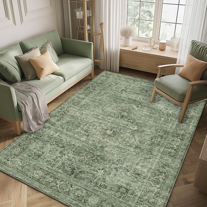 FMFUNCTEX 4x6 Washable Area Rug Green Neutral Vintage Distressed Oriental Non by Fmfunctex