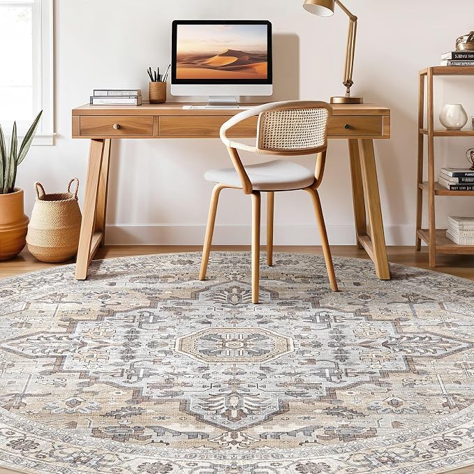 Round Rug Living Room Rugs: 8x8 Washable Boho Neutral Large Circle Soft Indoor - Image 7