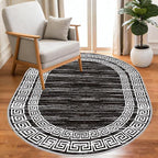 Minimalist Distressed Black Off White Greek Key Pattern Bordered Rug 8x10 by Unknown