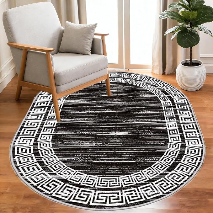 Minimalist Distressed Black Off White Greek Key Pattern Bordered Rug 8x10 by Unknown