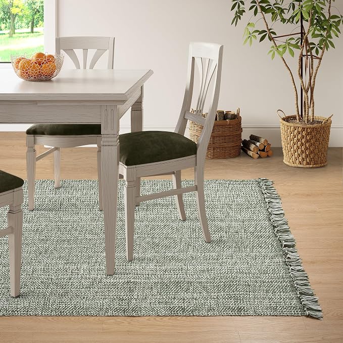 Collive Comfy Area Rug 4' x 6', Olive Green/Cream Woven Cotton Bedroom Rugs - Image 6