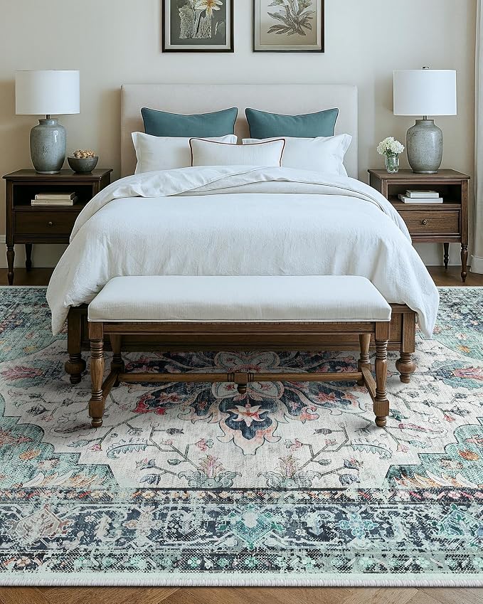 Area Rugs 9'x12' Washable Non-Slip, Floral Vintage Distress Print Pattern - Image 3