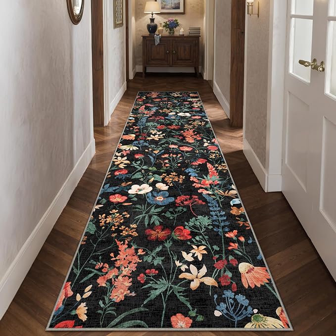 Floral Runner Rug 3x10 Washable Hallway Long Black Bedroom Carpet Non Slip - Image 9