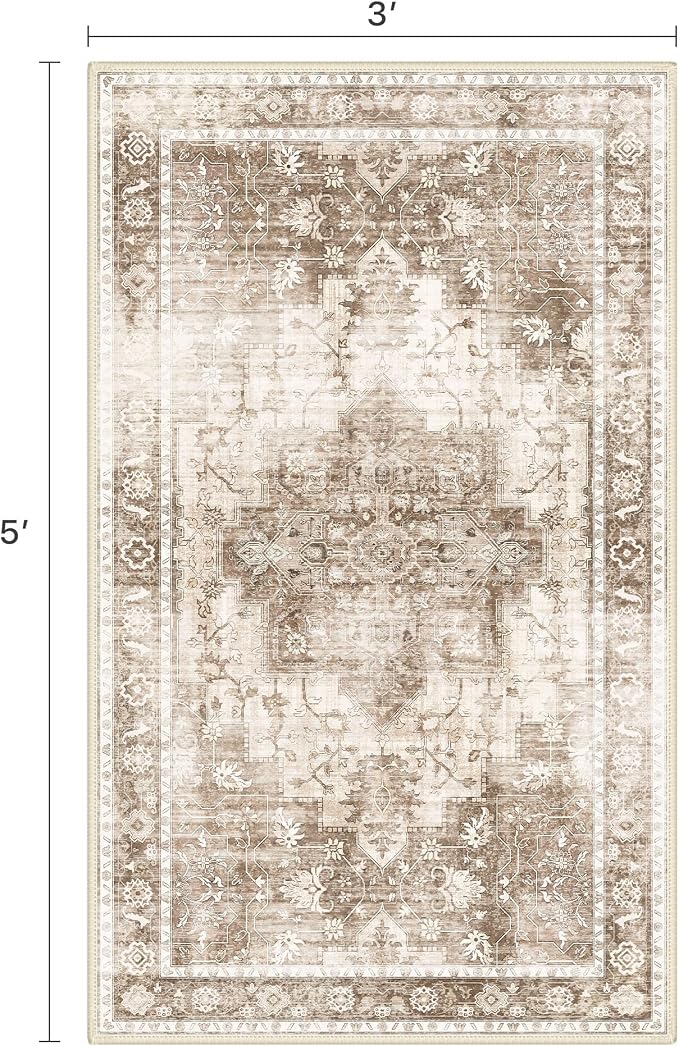 3x5 Area Rugs for Living Room, Machine Washable Non Slip Vintage Rugs, Low Pile - Image 2